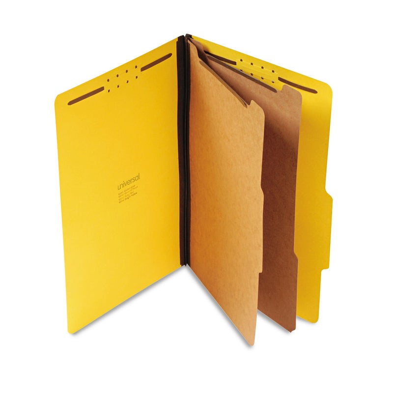 Universal Bright Colored pressboard Classification folders, 2" Expansion, 2 dividers, 6 Fasteners, Legal Size, Yellow Exterior, 10/Box - Image 1